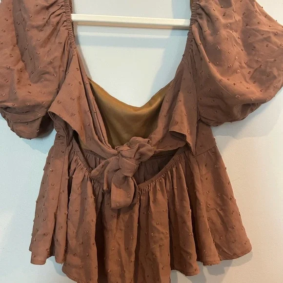 Altar'd State Brown Peplum Puff Sleeve Top - Picture 4 of 5